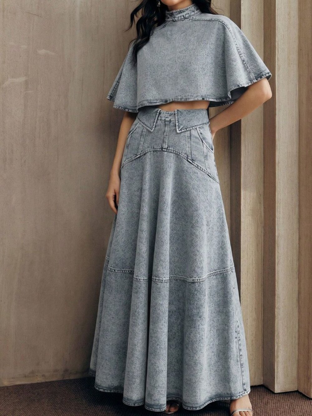 Blue Elegant Women's Peplum Hem Skirt & Short Sleeve Denim Cape Set - Picture 7 of 7